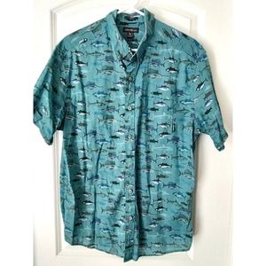 Eddie Bauer Shirt Men's Large Teal Allover Fish Print Cotton Short‎ Sleeve